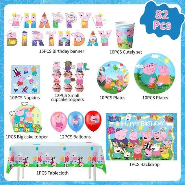 Alt view image 2 of 7 - Peppa Pig Birthday Party Supplies, 112 Pcs Peppa Pig Party Decorations & Tableware Set - Peppa Pig Cake Toppers Balloons Backdrop Cups etc. Peppa Pig Themed Birthday Party Decorations for boys/girls