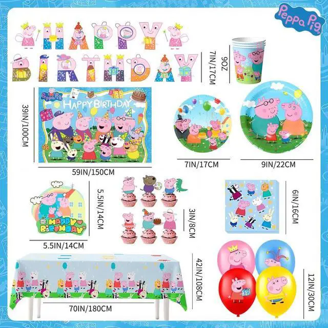 Alt view image 7 of 7 - Peppa Pig Birthday Party Supplies, 112 Pcs Peppa Pig Party Decorations & Tableware Set - Peppa Pig Cake Toppers Balloons Backdrop Cups etc. Peppa Pig Themed Birthday Party Decorations for boys/girls
