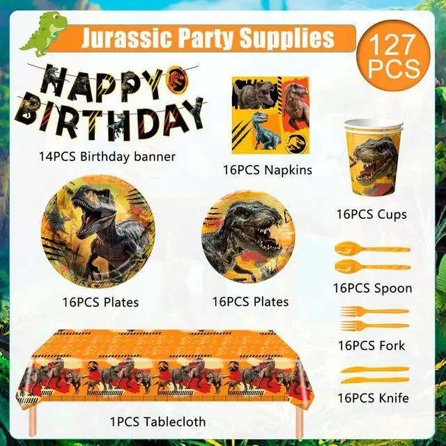 Alt view image 3 of 7 - Jurassic World Birthday Decorations Tableware, 127pcs Jurassic World Party Decorations Set - Dinosaur Theme Party Plate Cups Napkins Tablecloths Banner etc Jurassic Park Birthday Party Supplies