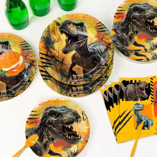 Alt view image 5 of 7 - Jurassic World Birthday Decorations Tableware, 127pcs Jurassic World Party Decorations Set - Dinosaur Theme Party Plate Cups Napkins Tablecloths Banner etc Jurassic Park Birthday Party Supplies