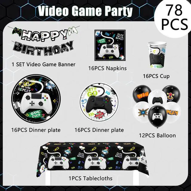 Alt view image 2 of 7 - Video Game Party Decorations for Boys,140pcs Gamer Birthday Decorations&Video Game Party Tableware Set - Watercolor Video Game Party Plates Napkins Tablecloth Balloons Banner etc Gaming Party Supplies