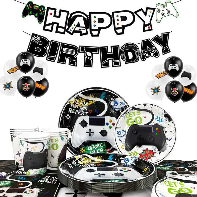 Main image of Video Game Party Decorations for Boys,140pcs Gamer Birthday Decorations&Video Game Party Tableware Set - Watercolor Video Game Party Plates Napkins Tablecloth Balloons Banner etc Gaming Party Supplies