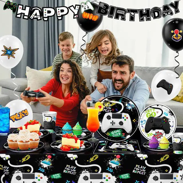 Alt view image 5 of 7 - Video Game Party Decorations for Boys,140pcs Gamer Birthday Decorations&Video Game Party Tableware Set - Watercolor Video Game Party Plates Napkins Tablecloth Balloons Banner etc Gaming Party Supplies