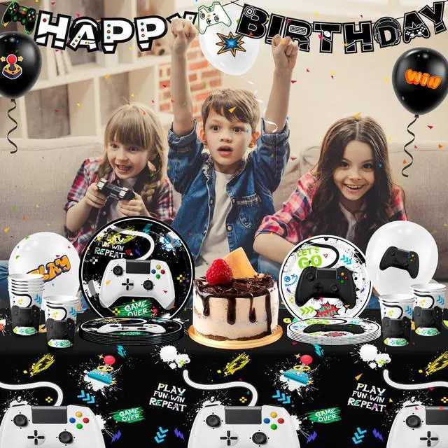 Alt view image 3 of 7 - Video Game Party Decorations for Boys,140pcs Gamer Birthday Decorations&Video Game Party Tableware Set - Watercolor Video Game Party Plates Napkins Tablecloth Balloons Banner etc Gaming Party Supplies