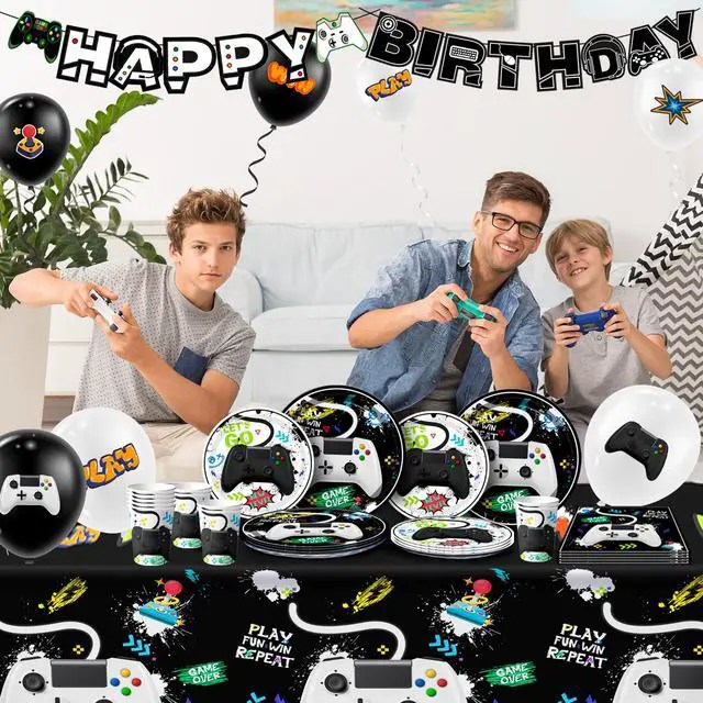 Alt view image 4 of 7 - Video Game Party Decorations for Boys,140pcs Gamer Birthday Decorations&Video Game Party Tableware Set - Watercolor Video Game Party Plates Napkins Tablecloth Balloons Banner etc Gaming Party Supplies