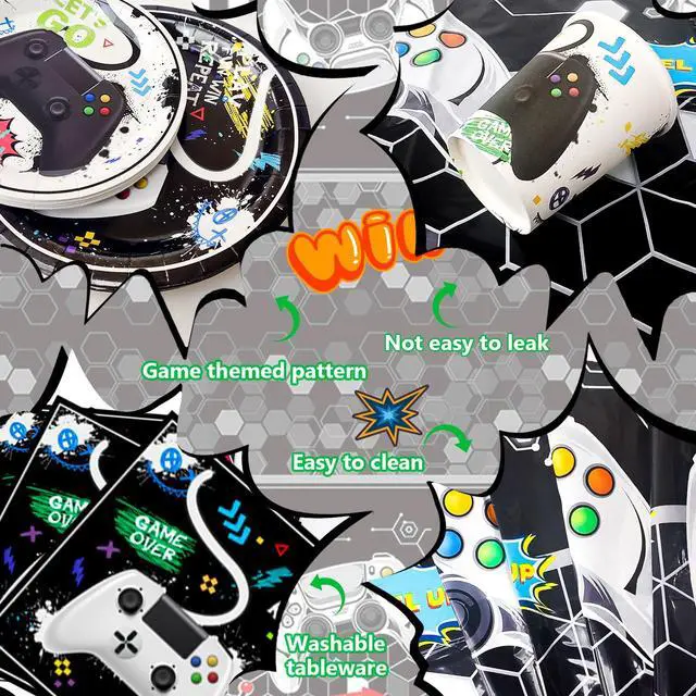 Alt view image 7 of 7 - Video Game Party Decorations for Boys,140pcs Gamer Birthday Decorations&Video Game Party Tableware Set - Watercolor Video Game Party Plates Napkins Tablecloth Balloons Banner etc Gaming Party Supplies
