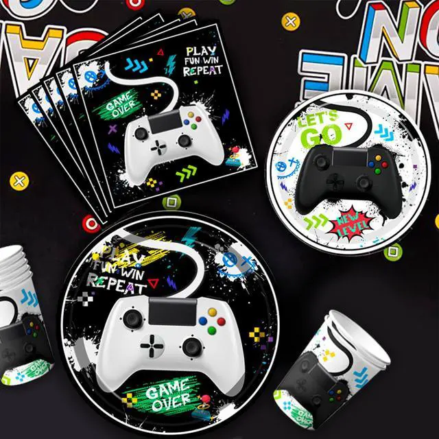 Alt view image 6 of 7 - Video Game Party Decorations for Boys,140pcs Gamer Birthday Decorations&Video Game Party Tableware Set - Watercolor Video Game Party Plates Napkins Tablecloth Balloons Banner etc Gaming Party Supplies