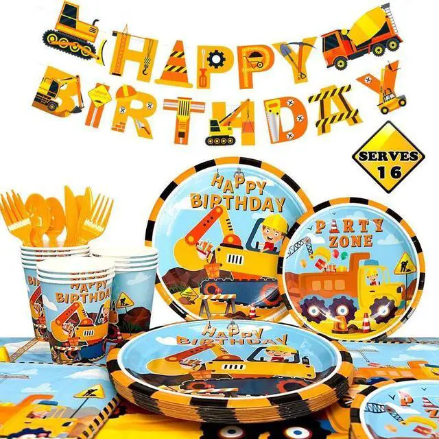 Main image of 128pcs Construction Party Supplies Tableware Set-Construction Birthday Party Plates Cups Napkins Tablecloth Banner etc Construction Party Tableware for Dump Truck Excavator Construction Theme Party
