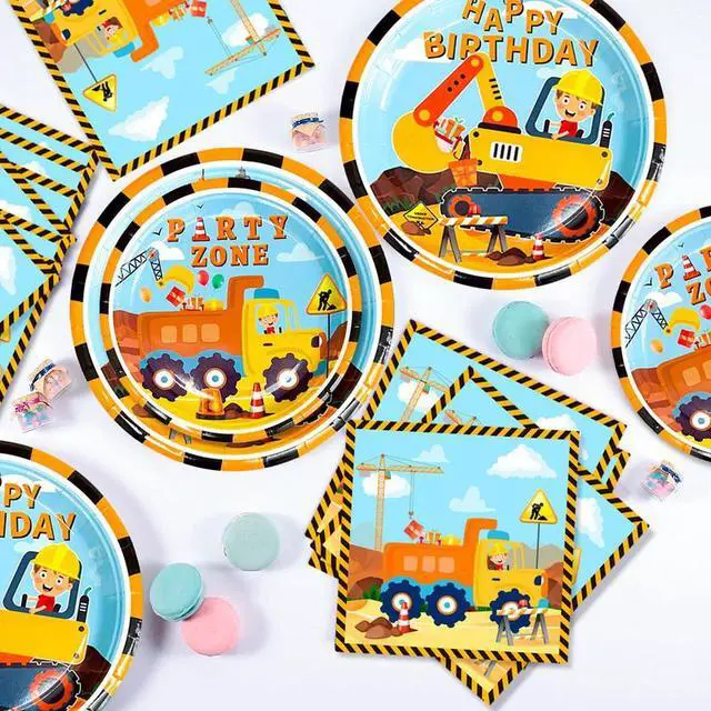 Alt view image 3 of 7 - 128pcs Construction Party Supplies Tableware Set-Construction Birthday Party Plates Cups Napkins Tablecloth Banner etc Construction Party Tableware for Dump Truck Excavator Construction Theme Party