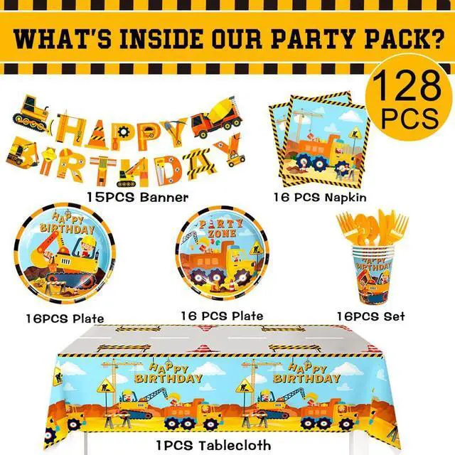 Alt view image 2 of 7 - 128pcs Construction Party Supplies Tableware Set-Construction Birthday Party Plates Cups Napkins Tablecloth Banner etc Construction Party Tableware for Dump Truck Excavator Construction Theme Party