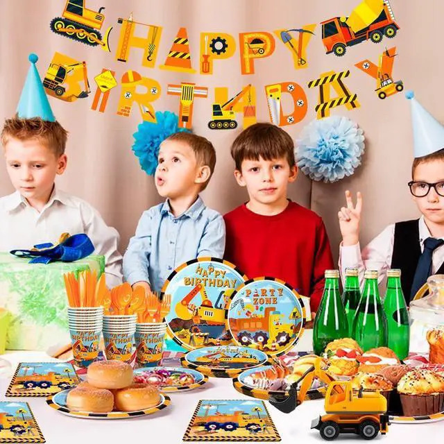 Alt view image 4 of 7 - 128pcs Construction Party Supplies Tableware Set-Construction Birthday Party Plates Cups Napkins Tablecloth Banner etc Construction Party Tableware for Dump Truck Excavator Construction Theme Party