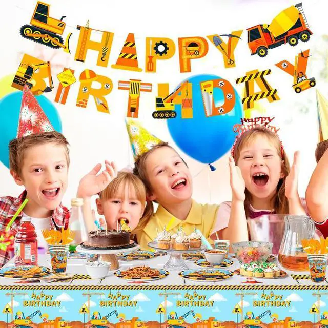 Alt view image 5 of 7 - 128pcs Construction Party Supplies Tableware Set-Construction Birthday Party Plates Cups Napkins Tablecloth Banner etc Construction Party Tableware for Dump Truck Excavator Construction Theme Party