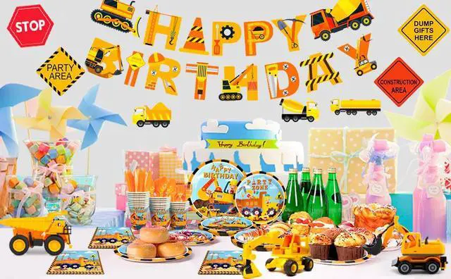 Alt view image 7 of 7 - 128pcs Construction Party Supplies Tableware Set-Construction Birthday Party Plates Cups Napkins Tablecloth Banner etc Construction Party Tableware for Dump Truck Excavator Construction Theme Party