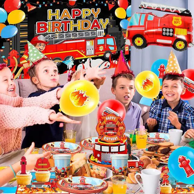 Alt view image 3 of 7 - Fire Truck Birthday Party Supplies, 114pcs Firetruck Birthday Decorations & Tableware Set - Fire Truck Party Plates Cups Napkins & Firefighter Themed Balloon Backdrop etc Fire Truck Party Supplies