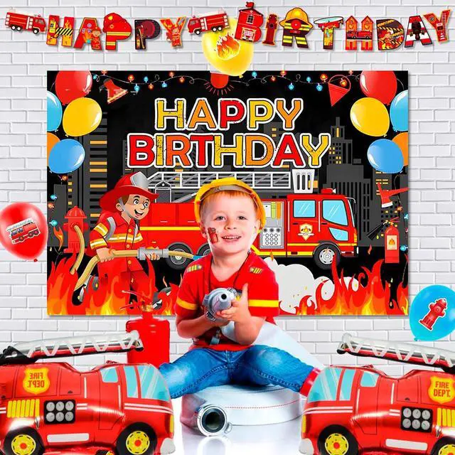 Alt view image 4 of 7 - Fire Truck Birthday Party Supplies, 114pcs Firetruck Birthday Decorations & Tableware Set - Fire Truck Party Plates Cups Napkins & Firefighter Themed Balloon Backdrop etc Fire Truck Party Supplies