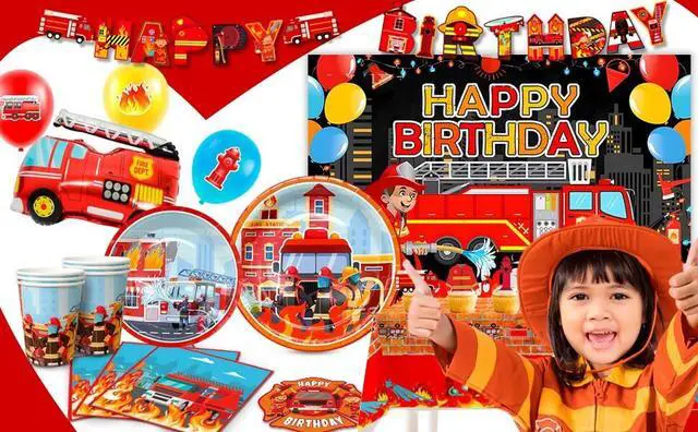 Alt view image 6 of 7 - Fire Truck Birthday Party Supplies, 114pcs Firetruck Birthday Decorations & Tableware Set - Fire Truck Party Plates Cups Napkins & Firefighter Themed Balloon Backdrop etc Fire Truck Party Supplies