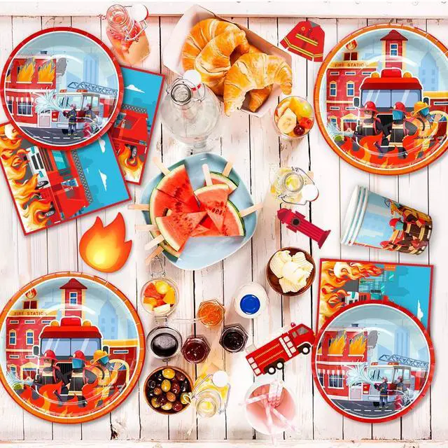 Alt view image 5 of 7 - Fire Truck Birthday Party Supplies, 114pcs Firetruck Birthday Decorations & Tableware Set - Fire Truck Party Plates Cups Napkins & Firefighter Themed Balloon Backdrop etc Fire Truck Party Supplies