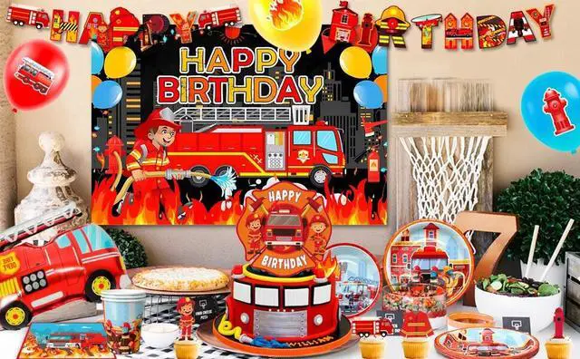 Alt view image 7 of 7 - Fire Truck Birthday Party Supplies, 114pcs Firetruck Birthday Decorations & Tableware Set - Fire Truck Party Plates Cups Napkins & Firefighter Themed Balloon Backdrop etc Fire Truck Party Supplies