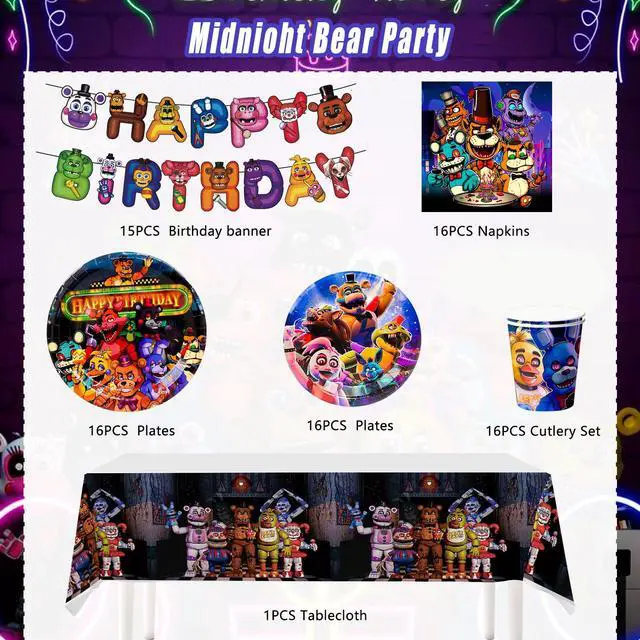Alt view image 2 of 7 - 128 Pcs Five Nights at Freddy's Birthday Tableware Set - Five Nights at Freddy's Party Plates & Cups Tablecloth Napkins etc Five Nights at Freddy's Birthday Party Supplies