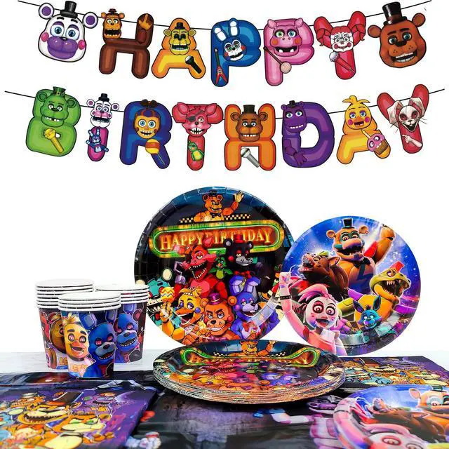 Main image of 128 Pcs Five Nights at Freddy's Birthday Tableware Set - Five Nights at Freddy's Party Plates & Cups Tablecloth Napkins etc Five Nights at Freddy's Birthday Party Supplies