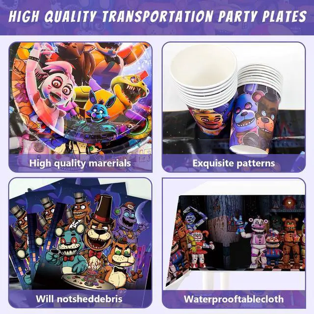 Alt view image 6 of 7 - 128 Pcs Five Nights at Freddy's Birthday Tableware Set - Five Nights at Freddy's Party Plates & Cups Tablecloth Napkins etc Five Nights at Freddy's Birthday Party Supplies