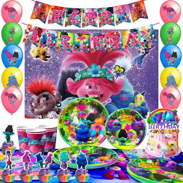 Alt view image 2 of 7 - Trolls Birthday Party Decorations Supplies, 112 Pcs Trolls Band Together Party Supplies Include Trolls Cake Topper Balloons Banner Plates Napkins Cups etc Trolls Party Decorations, for Girls & Boys