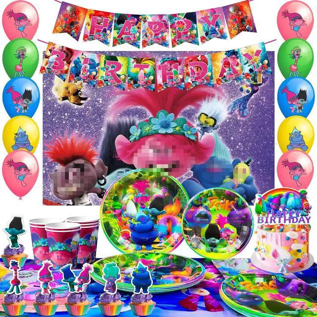 Main image of Trolls Birthday Party Decorations Supplies, 112 Pcs Trolls Band Together Party Supplies Include Trolls Cake Topper Balloons Banner Plates Napkins Cups etc Trolls Party Decorations, for Girls & Boys
