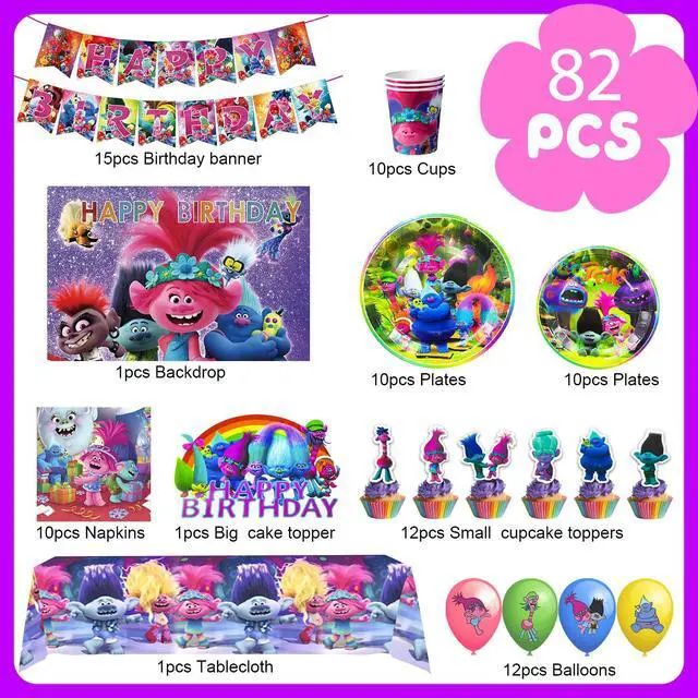 Alt view image 3 of 7 - Trolls Birthday Party Decorations Supplies, 112 Pcs Trolls Band Together Party Supplies Include Trolls Cake Topper Balloons Banner Plates Napkins Cups etc Trolls Party Decorations, for Girls & Boys