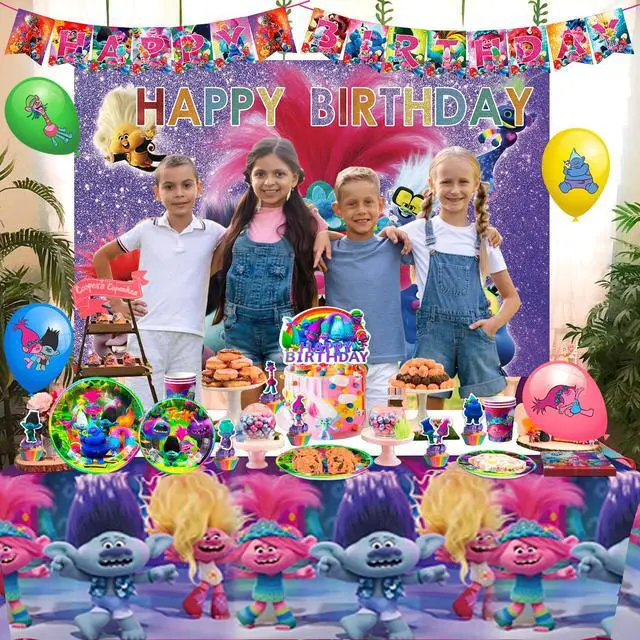 Alt view image 5 of 7 - Trolls Birthday Party Decorations Supplies, 112 Pcs Trolls Band Together Party Supplies Include Trolls Cake Topper Balloons Banner Plates Napkins Cups etc Trolls Party Decorations, for Girls & Boys