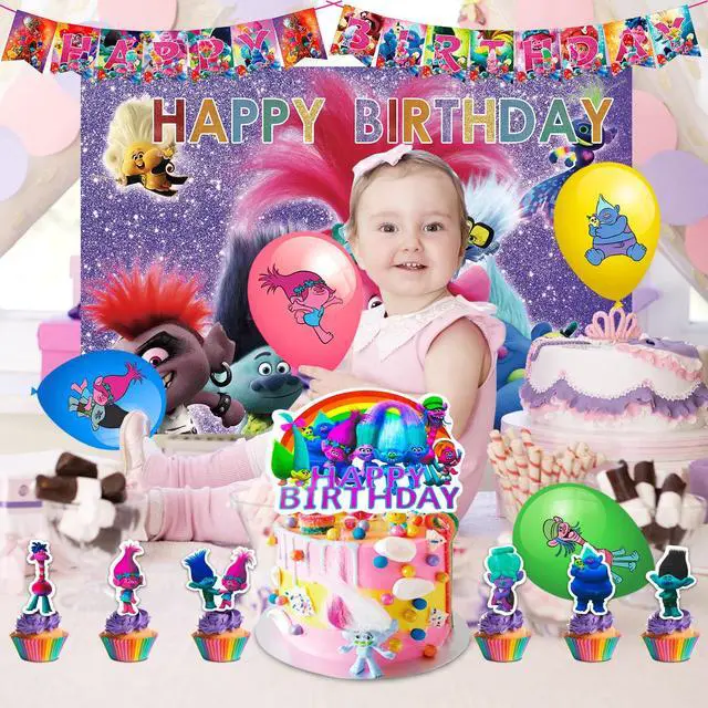 Alt view image 4 of 7 - Trolls Birthday Party Decorations Supplies, 112 Pcs Trolls Band Together Party Supplies Include Trolls Cake Topper Balloons Banner Plates Napkins Cups etc Trolls Party Decorations, for Girls & Boys