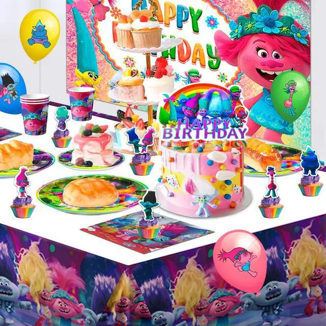 Alt view image 7 of 7 - Trolls Birthday Party Decorations Supplies, 112 Pcs Trolls Band Together Party Supplies Include Trolls Cake Topper Balloons Banner Plates Napkins Cups etc Trolls Party Decorations, for Girls & Boys
