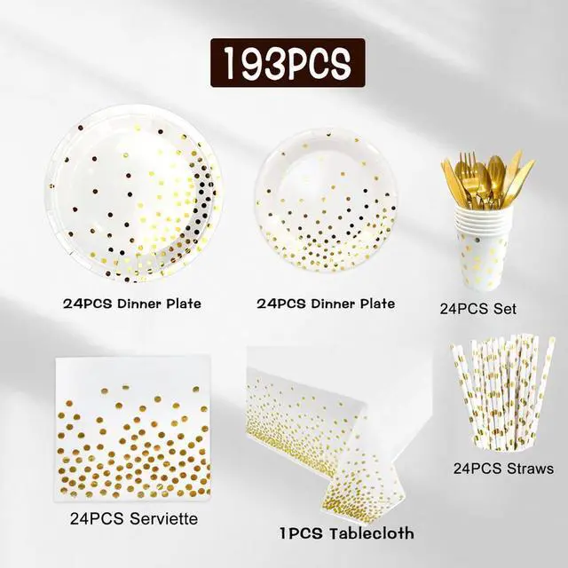 Alt view image 2 of 7 - White and Gold Party Supplies, 193 Pcs Gold Paper Plates and Napkins Party Supplies Set - White and Gold Party Paper Plates Cups Tablecloth & Gold Dot Napkins for Graduation, Holiday