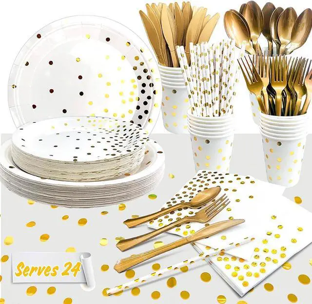 Main image of White and Gold Party Supplies, 193 Pcs Gold Paper Plates and Napkins Party Supplies Set - White and Gold Party Paper Plates Cups Tablecloth & Gold Dot Napkins for Graduation, Holiday
