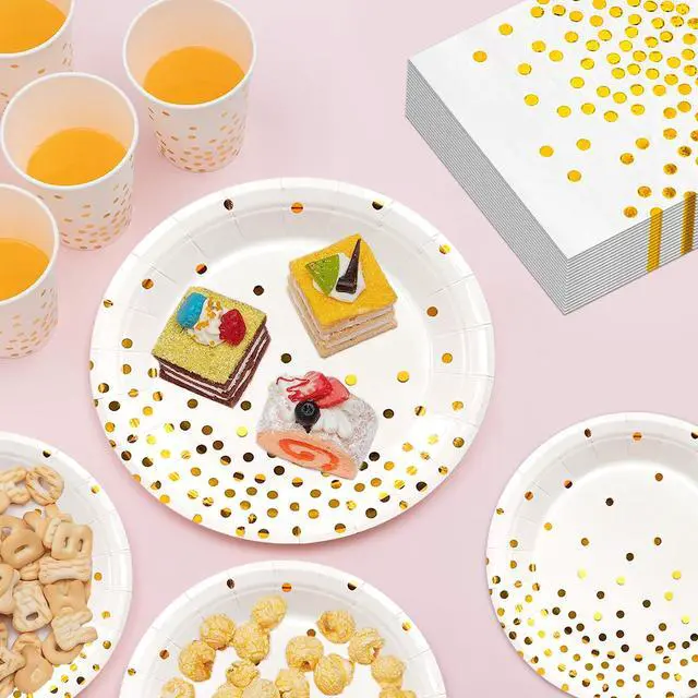 Alt view image 3 of 7 - White and Gold Party Supplies, 193 Pcs Gold Paper Plates and Napkins Party Supplies Set - White and Gold Party Paper Plates Cups Tablecloth & Gold Dot Napkins for Graduation, Holiday