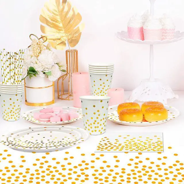 Alt view image 4 of 7 - White and Gold Party Supplies, 193 Pcs Gold Paper Plates and Napkins Party Supplies Set - White and Gold Party Paper Plates Cups Tablecloth & Gold Dot Napkins for Graduation, Holiday