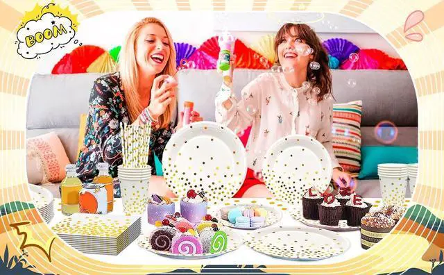 Alt view image 7 of 7 - White and Gold Party Supplies, 193 Pcs Gold Paper Plates and Napkins Party Supplies Set - White and Gold Party Paper Plates Cups Tablecloth & Gold Dot Napkins for Graduation, Holiday