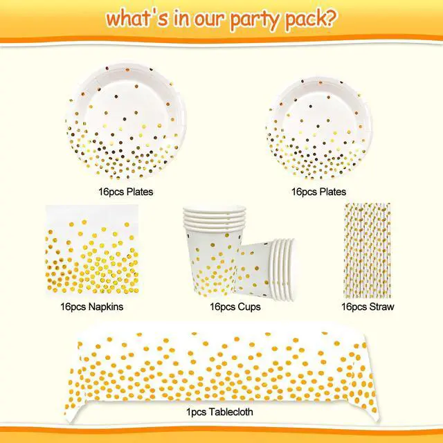 Alt view image 2 of 7 - White and Gold Party Supplies,129pcs White Gold Party Tableware Set - White and Gold Paper Plates and napkins Cups Tablecloth etc Gold Dot Party Supplies for Gold and White Party Decorations,Wedding