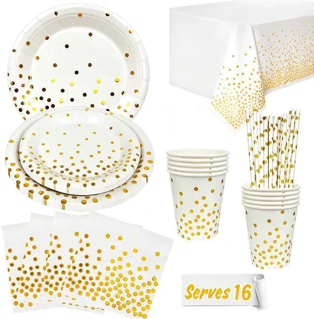 Main image of White and Gold Party Supplies,129pcs White Gold Party Tableware Set - White and Gold Paper Plates and napkins Cups Tablecloth etc Gold Dot Party Supplies for Gold and White Party Decorations,Wedding