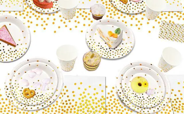 Alt view image 7 of 7 - White and Gold Party Supplies,129pcs White Gold Party Tableware Set - White and Gold Paper Plates and napkins Cups Tablecloth etc Gold Dot Party Supplies for Gold and White Party Decorations,Wedding