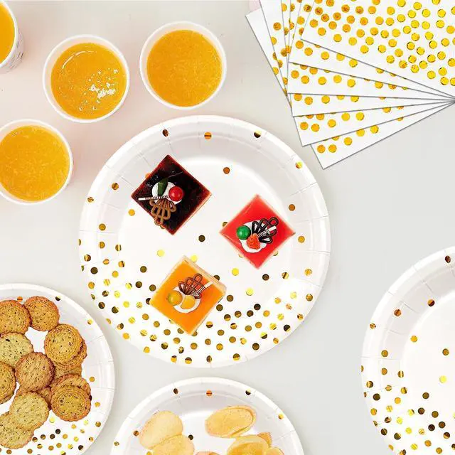 Alt view image 5 of 7 - White and Gold Party Supplies,129pcs White Gold Party Tableware Set - White and Gold Paper Plates and napkins Cups Tablecloth etc Gold Dot Party Supplies for Gold and White Party Decorations,Wedding