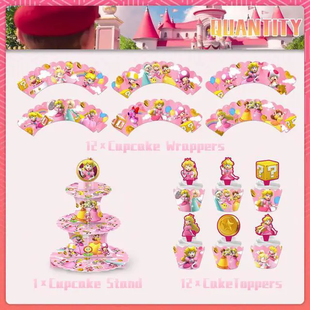 Alt view image 2 of 7 - Peach Princess Party Decoration Super Mario Birthday Cake Stand Kids Supply Set