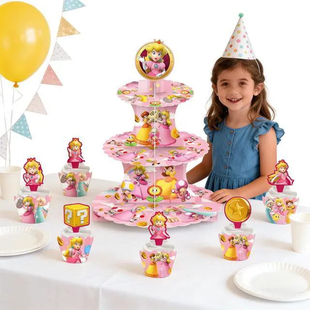 Alt view image 5 of 7 - Peach Princess Party Decoration Super Mario Birthday Cake Stand Kids Supply Set