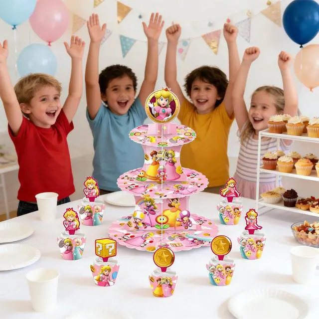 Alt view image 6 of 7 - Peach Princess Party Decoration Super Mario Birthday Cake Stand Kids Supply Set