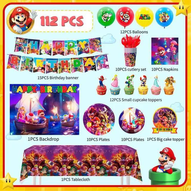 Alt view image 2 of 7 - Super Mario Birthday Party Decorations Tableware Backdrop Balloon Cake Toppers