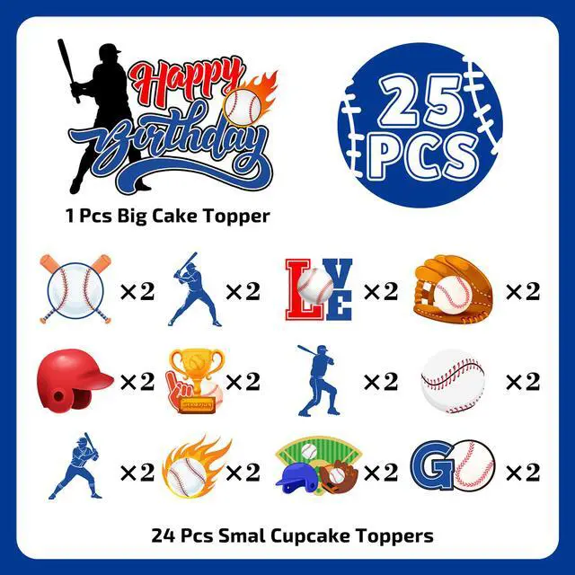 Alt view image 2 of 7 - Baseball Cake Topper, 24 Baseball Cupcake Toppers Baseball Cupcake Decorations & 1 Baseball Cake Decorations Baseball Theme Cake Topper for Baseball Birthday Decorations & Baseball Party Decorations