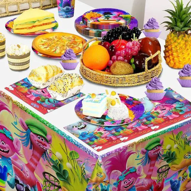 Alt view image 4 of 7 - Trolls Birthday Decorations, Trolls Party Tableware Set - 114pcs Trolls Theme Party Plates, Dinner Trays, Napkins, Tablecloths and Other Trolls Birthday Party Supplies for Boys/Girls, Serves 16