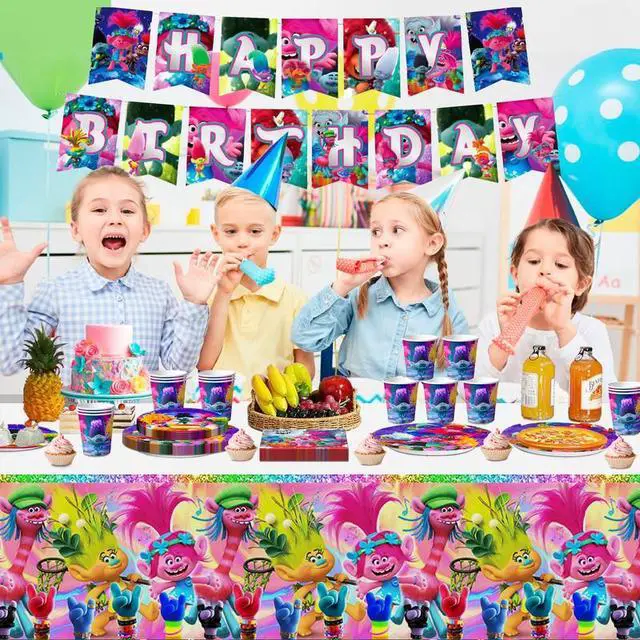Alt view image 5 of 7 - Trolls Birthday Decorations, Trolls Party Tableware Set - 114pcs Trolls Theme Party Plates, Dinner Trays, Napkins, Tablecloths and Other Trolls Birthday Party Supplies for Boys/Girls, Serves 16