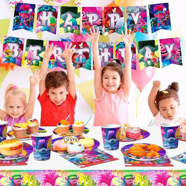 Alt view image 6 of 7 - Trolls Birthday Decorations, Trolls Party Tableware Set - 114pcs Trolls Theme Party Plates, Dinner Trays, Napkins, Tablecloths and Other Trolls Birthday Party Supplies for Boys/Girls, Serves 16