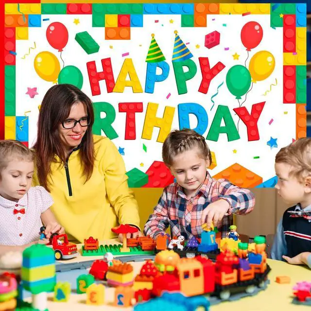 Alt view image 4 of 7 - Building Block Backdrop,71'' x 43'' Building Block Birthday Backdrop Banner Building Block Photo Backdrop Building Blocks Party Backdrop, Building Block Theme Backdrop for Building Block Party Favors