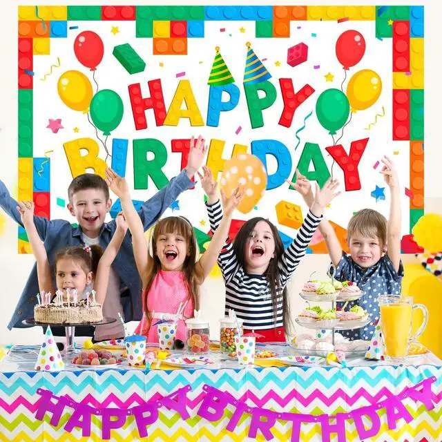Alt view image 5 of 7 - Building Block Backdrop,71'' x 43'' Building Block Birthday Backdrop Banner Building Block Photo Backdrop Building Blocks Party Backdrop, Building Block Theme Backdrop for Building Block Party Favors